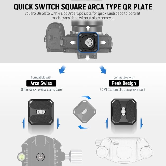 NEEWER 2 Pack Quick Release Plate 38mm Square Arca Type QR Camera Mount Plate Compatible with Peak Design Capture V3 Camera Clip, Tripod Head to Shoulder Strap Quick Switch with 4 Safety Pins, QPR-5 - Image 2