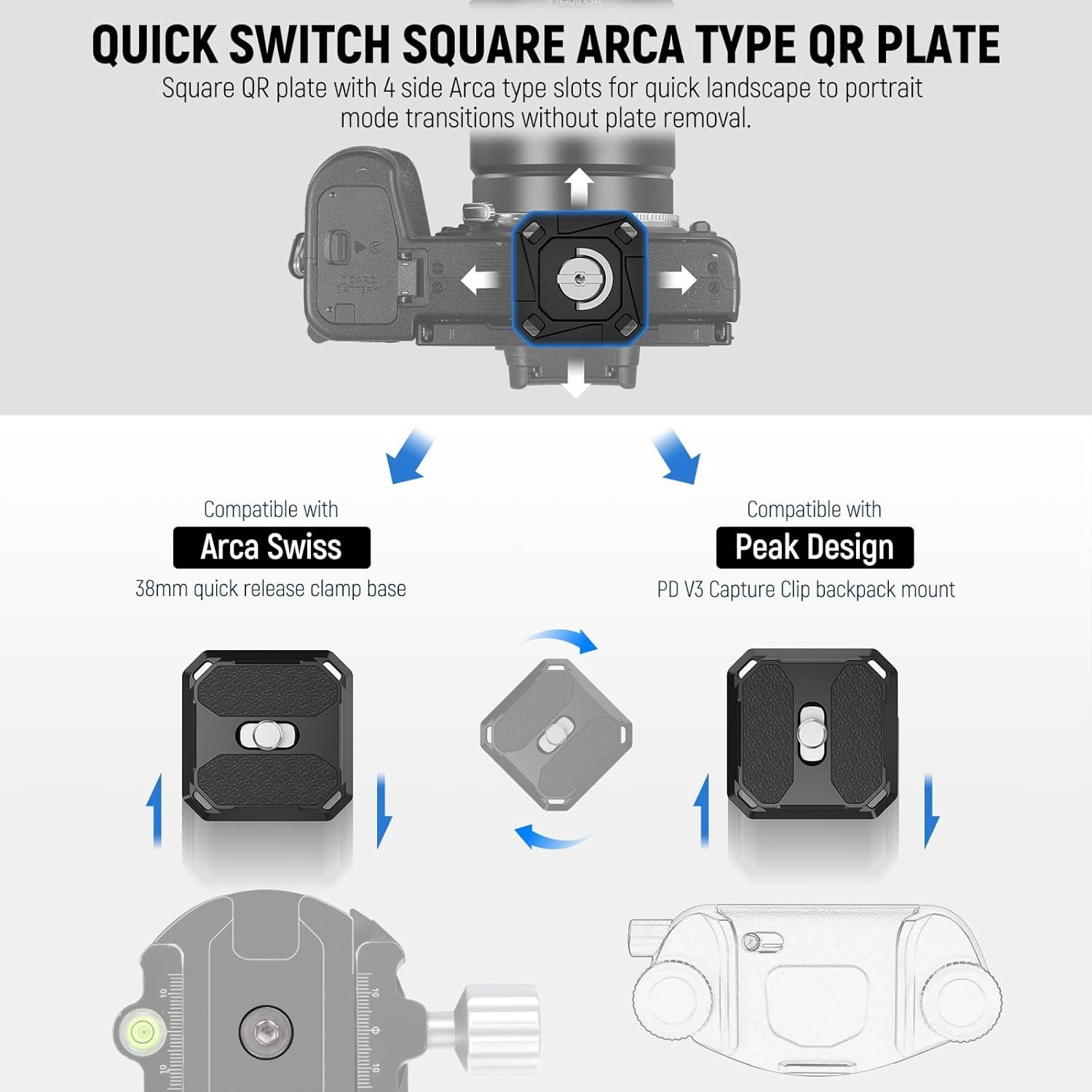 NEEWER 2 Pack Quick Release Plate 38mm Square Arca Type QR Camera Mount Plate Compatible with Peak Design Capture V3 Camera Clip, Tripod Head to Shoulder Strap Quick Switch with 4 Safety Pins, QPR-5 - Image 2