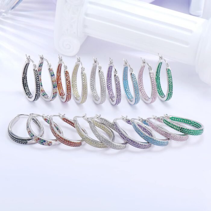 925 Sterling Silver Post Hoop Earrings for Women Gilrs Multcolors Cubic Zirconia 14K Gold Plated Oval Chunky Silver Gold Hoop Earrings weinuo Jewelry - Image 5