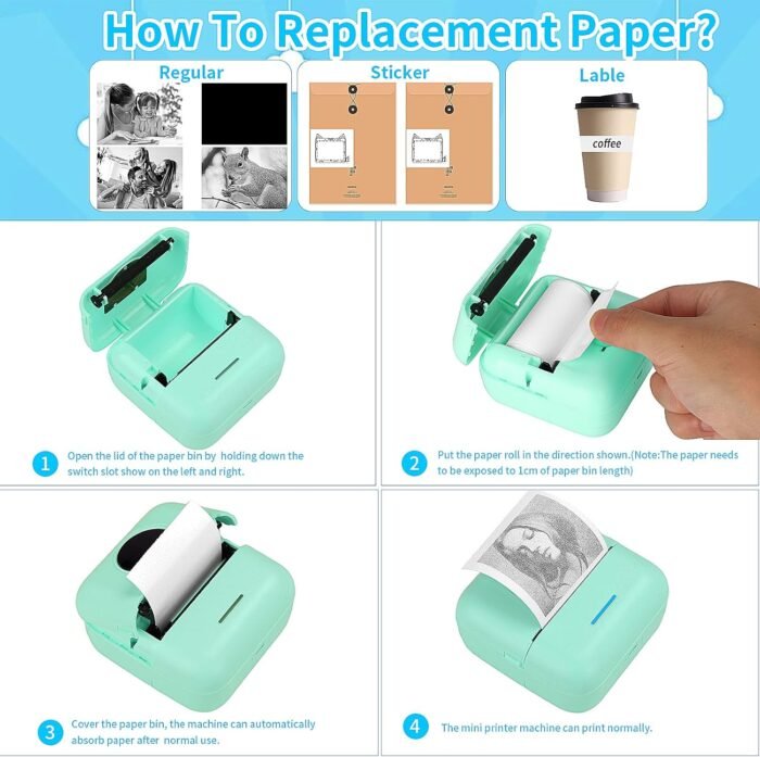 HuiJuKeJi Mini Sticker Printer Pocket Inkless Thermal Printer with 11 Rolls Thermal Paper and Sticker for iOS&Android, Bluetooth Smart Portable Receipt Printer for Photo Journal Notes Memo-Green - Image 6