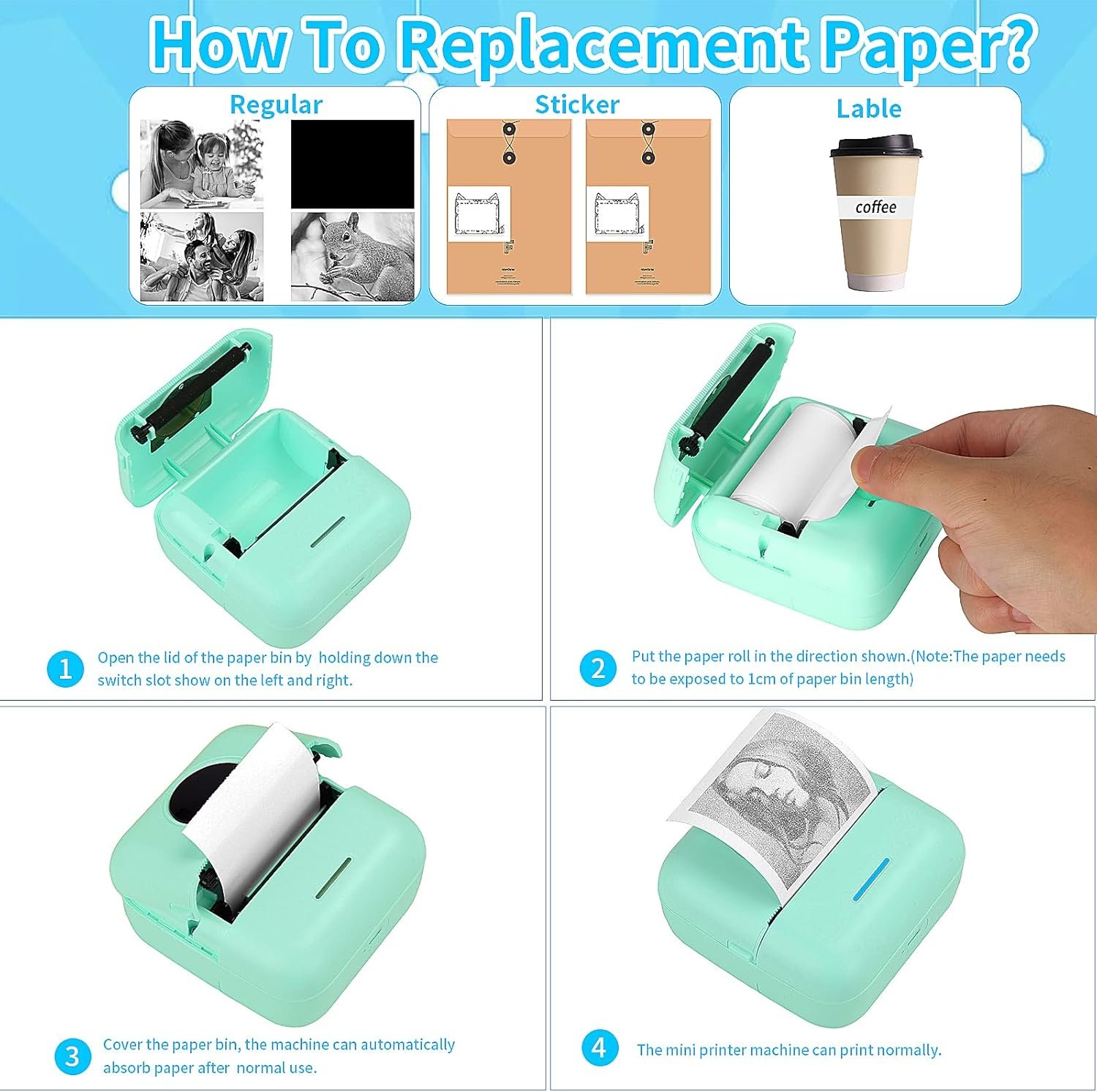 HuiJuKeJi Mini Sticker Printer Pocket Inkless Thermal Printer with 11 Rolls Thermal Paper and Sticker for iOS&Android, Bluetooth Smart Portable Receipt Printer for Photo Journal Notes Memo-Green - Image 6