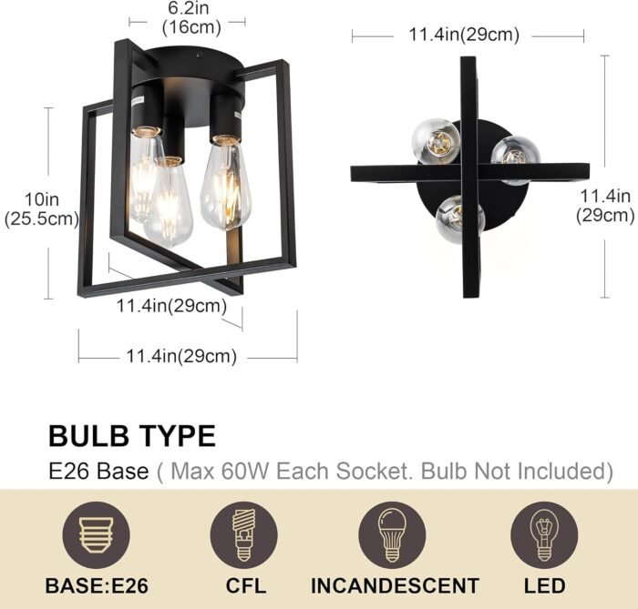 3-Light Ceiling Light Fixture, Semi-Flush Mount Light with Contemporary Geometric Metal Cage, Farmhouse Industrial Lighting for Kitchen Living Room Bedroom Hallway Foyer, E26 Black - Image 2
