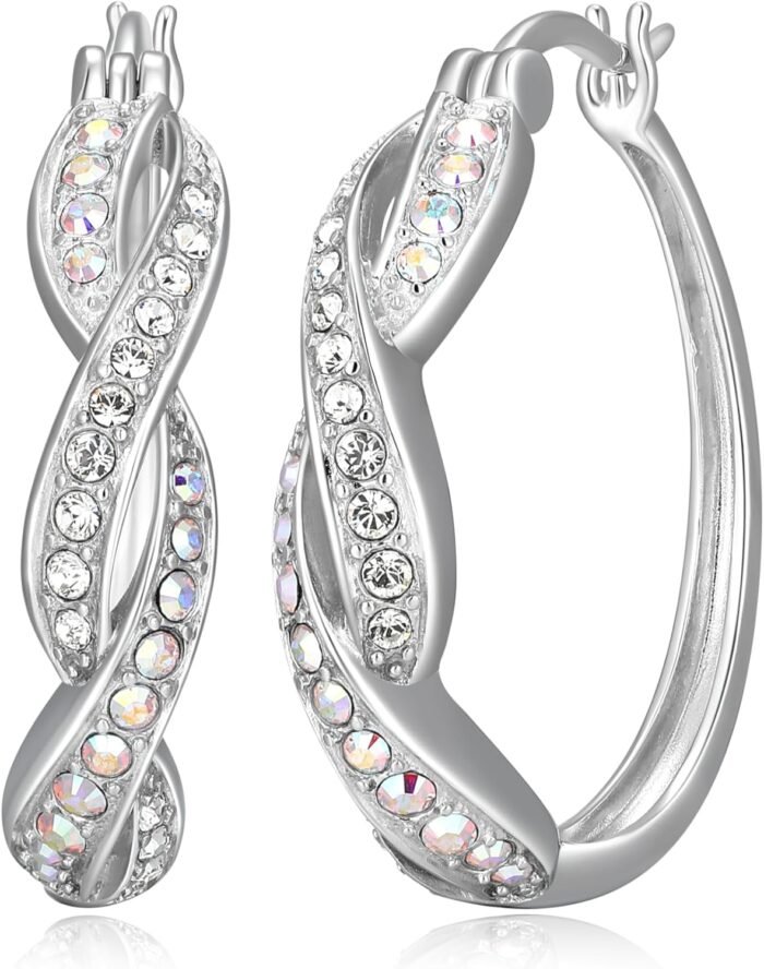 Amazon Essentials .925 Sterling Silver Rhodium Plated Crystal Twisted Hoop Earrings for Women, Hypoallergenic Nickel-Free, Lightweight Hoops with Click Post Closure