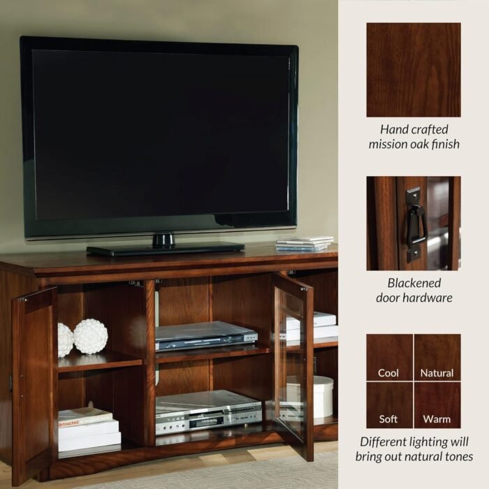 Leick Home 82350 Solid Wood Mission Oak Three Door TV Stand For 55" TVs Universal TV Console Living Room Storage Shelves Entertainment Center, Mission Oak - Image 7