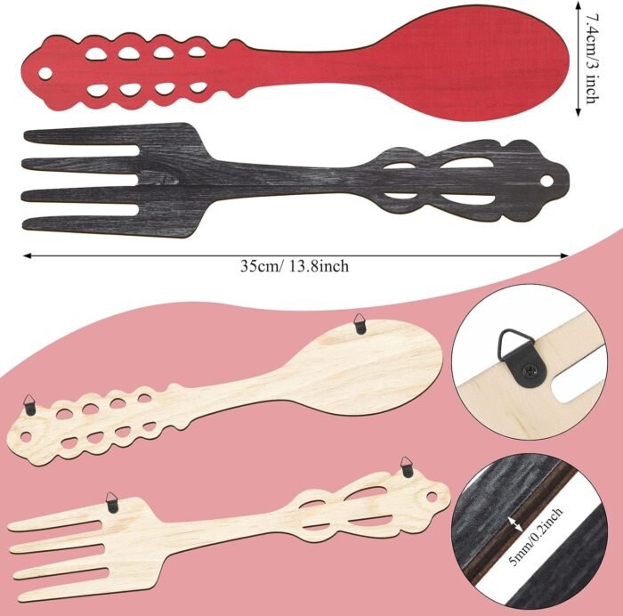 Jetec 2 Pieces Large Fork and Spoon Wall Decor Wooden Spoon Shaped Wall Sign Fork Shaped Hanging Sign Farmhouse Kitchen Wall Decors for Home Kitchen Dining Living Room Decor (Red, Heather Gray) - Image 2