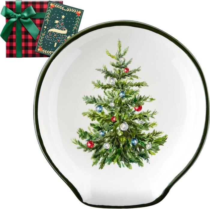 Tree Christmas Spoon Rest - Christmas Kitchen Decor, Green Pine Christmas Decorations Utensils Holder for Stove Top, 2024 Holiday Affordable Christmas Gifts w/Greeting Card - Ready Made Gift Boxes
