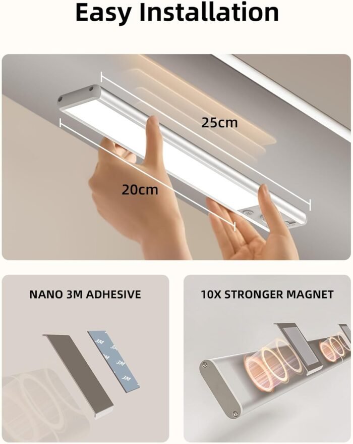 EZVALO Under Cabinet Lighting, 80 LED Motion Sensor Lights Indoor with 3 Color Temps, 1900mAh Rechargeable Under Cabinet Lights Wireless, Dimmable Under Counter Lights for Kitchen, Closet (2 Pack) - Image 8