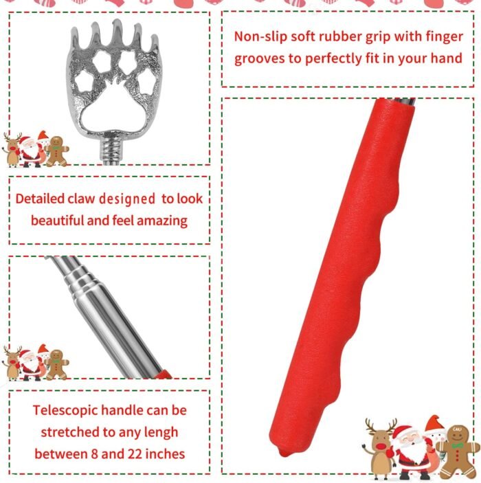 Stocking Stuffers for Men, 2 Pack Extendable Back Scratcher, Christmas Gifts for Men, Santa's Claws Telescopic Back Scratchers with Christmas Gift Box, Red Massage Tool for Back with Rubber Handles - Image 4