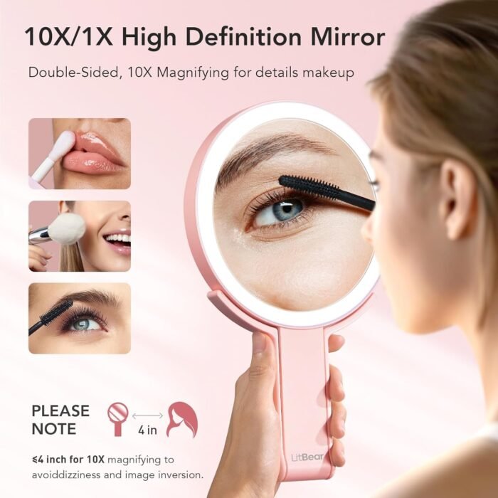 LitBear Travel Makeup Mirror with Lights, Rechargeable Double Sided 10X /1X Magnifying Mirror, Portable Lighted Beauty Mirror, 3 Color Lighting, Dimmable Touch Screen, Tabletop Handhold Hanging (Pink) - Image 3