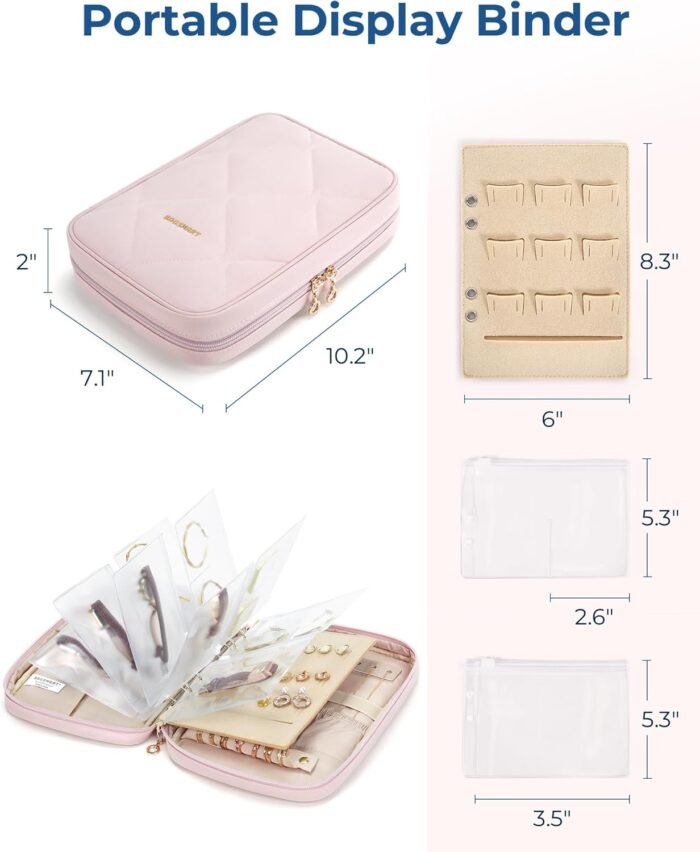 BAGSMART Jewelry Travel Case, Ring Binder Storage Book with Clear Pockets, Zippered Organizer for Necklace, Earrings, Rings, Bracelet, Beige - Image 6