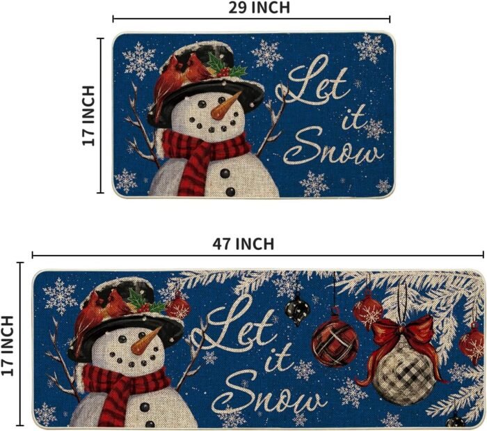Artoid Mode Blue Let It Snow Snowflake Snowman Winter Kitchen Mats Set of 2, Christmas Decor Low-Profile Kitchen Rugs for Floor - 17x29 and 17x47 Inch - Image 3