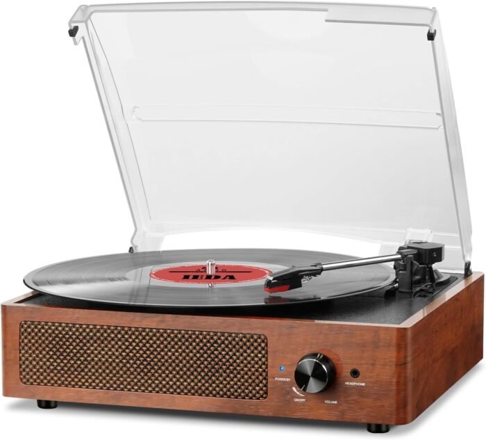 Vinyl Record Player Turntable with Built-in Bluetooth Receiver & 2 Stereo Speakers, 3 Speed 3 Size Portable Retro Record Player for Entertainment and Home Decoration(Orange)