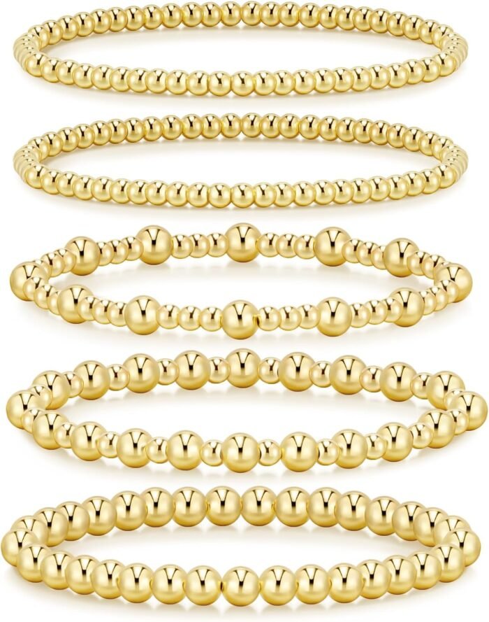 adoyi Gold Bracelets for Women, 14K Gold Plated Beaded Bracelets Gold Stretch Bead Ball Bracelet stack Set Adjustable Bracelet Set Jewelry for Gifts