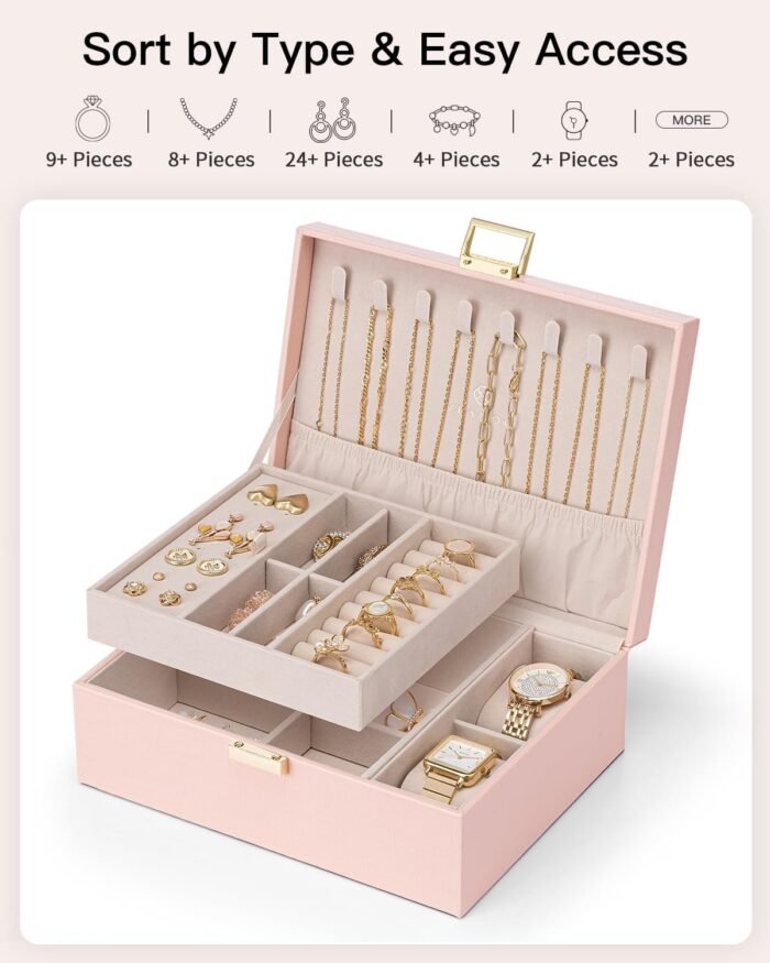 Vlando 2 Layer Jewelry Box Large Jewelry Organizer for Women Removable Jewelery Tray with Watch Pillow for Necklace Earrings Rings Bracelets Jewelry Boxes for Christmas Gifts Mother's Day Gifts (Pink) - Image 8