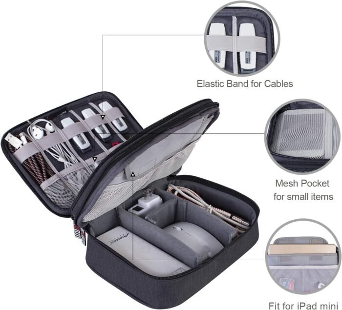 BUBM Electronic Organizer, Double Layer Travel Gadget Storage Bag for Cables, Cord, USB Flash Drive, Power Bank and More-a Sleeve Pouch for 7.9" iPad Mini(Medium,Black) - Image 3