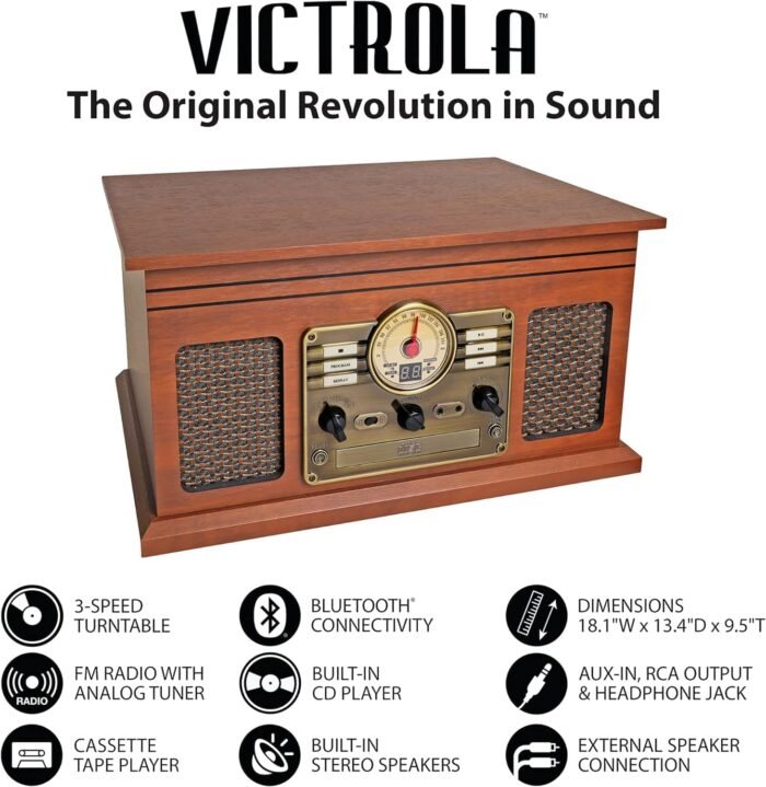 Victrola Nostalgic 6-in-1 Bluetooth Record Player & Multimedia Center with Built-in Speakers - 3-Speed Turntable, CD & Cassette Player, FM Radio | Wireless Music Streaming | Mahogany - Image 3