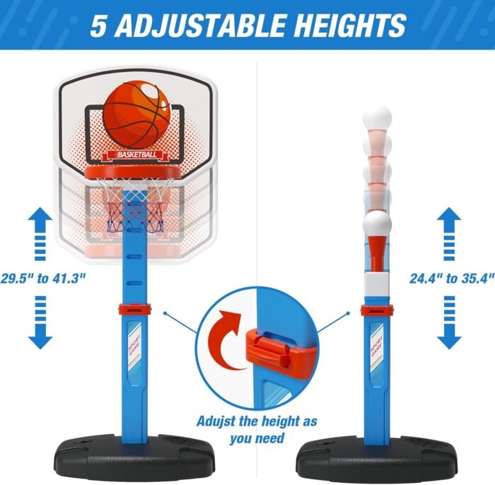 2 in 1 Kids Basketball Hoop and T Ball Set - Adjustable Height, Kids Baseball Tee with Automatic Pitching Machine, Indoor Outdoor Sport Toys Gifts for Toddler Boys Girls Age 1-5, Blue - Image 3