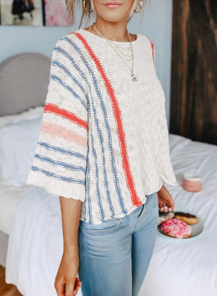 Dokotoo Womens 2024 Fall Casual Color Block Striped Lightweight Comfy Cable Knit Trendy Boho Clothes Pullover Sweaters - Image 3