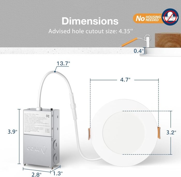 Amico 6 Pack 4 Inch 5CCT Ultra-Thin LED Recessed Ceiling Light with Junction Box, 2700K/3000K/3500K/4000K/5000K Selectable, 11W Eqv 70W 800LM Brightness Dimmable Canless Wafer Downlight, ETL & FCC - Image 6