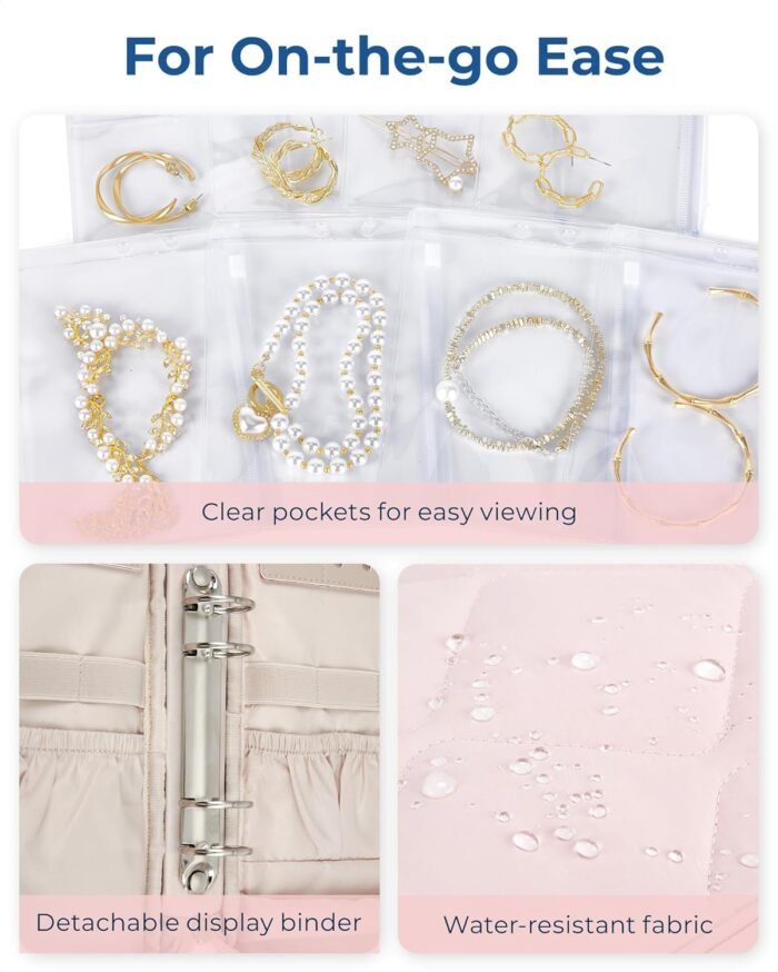BAGSMART Jewelry Travel Case, Ring Binder Storage Book with Clear Pockets, Zippered Organizer for Necklace, Earrings, Rings, Bracelet, Beige - Image 4