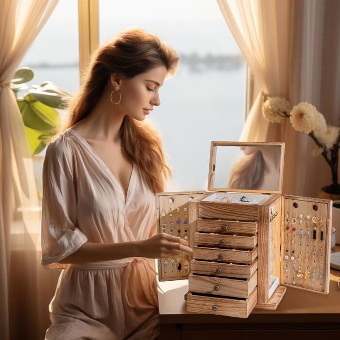 ProCase Large Jewelry Box, 7-Layer Wooden Jewelry Boxes for Women, Jewellery Holder Organizer Storage Case with Mirror for Earrings Bracelet Necklace for Dresser -Natural - Image 8