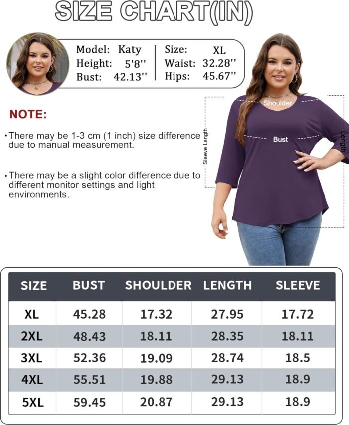TFSDOD Womens Plus Size Tops V Neck T Shirts 3/4 Sleeve Blouse Summer Casual Tees XL-5X - Image 5