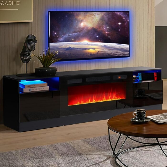 oneinmil Fireplace TV Stand with 36" Electric Fireplace, LED Light Entertainment Center, Modern Wood Texture Entertainment Stand with Highlight Storage Cabinet for TVs Up to 80", 70 inches, Black - Image 8