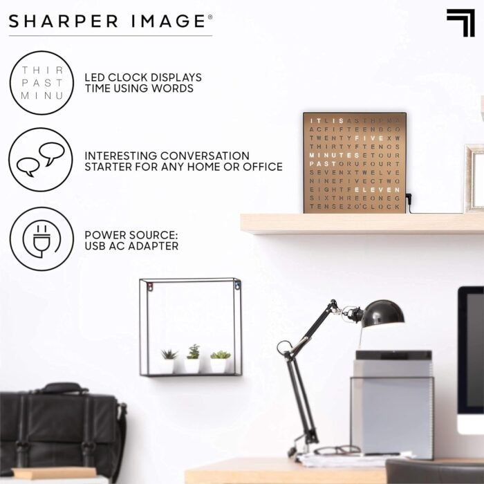 Sharper Image® LED Light-Up Word Clock, 7.75" Modern Design, Electronic Accent Wall or Desk Clock, USB Cord & Power Adapter, Unique Contemporary Home & Office Decor, Easy Setup, Housewarming Gift - Image 3