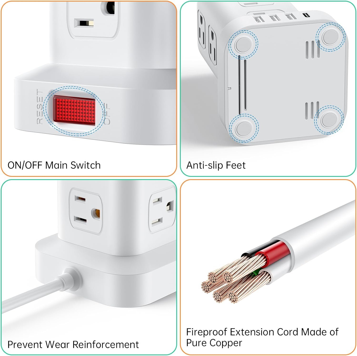 PD20W Power Strip Tower Surge Protector Power Strip with USB 12 Outlets with 4 USB Ports (1 USB C), Flat Plug 10FT Extension Cord Multi Plug Outlet Extender Overload Protection for Home Office - Image 7