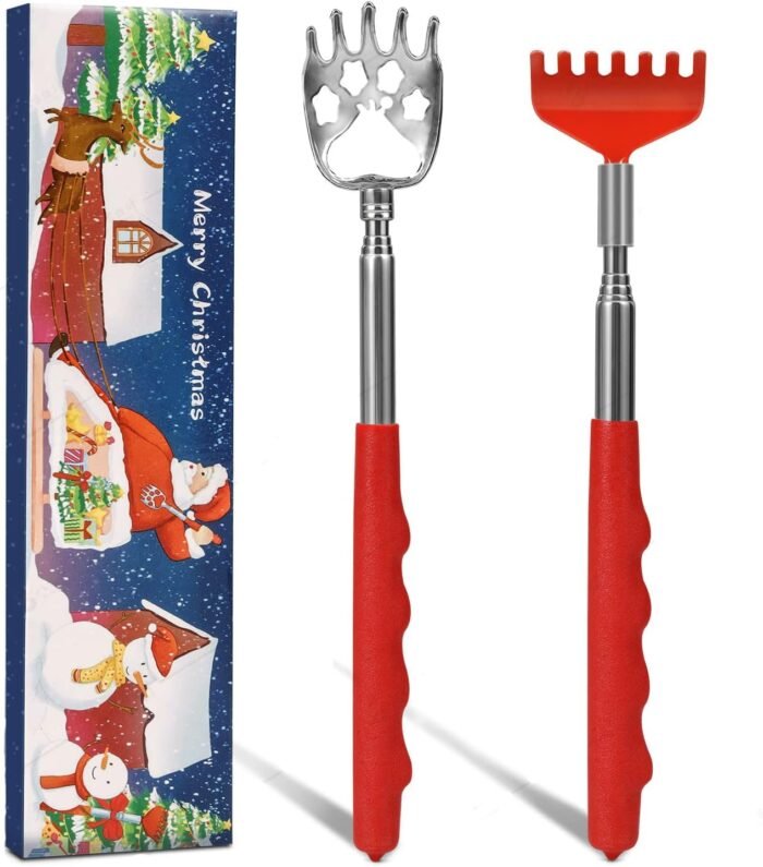 Stocking Stuffers for Men, 2 Pack Extendable Back Scratcher, Christmas Gifts for Men, Santa's Claws Telescopic Back Scratchers with Christmas Gift Box, Red Massage Tool for Back with Rubber Handles