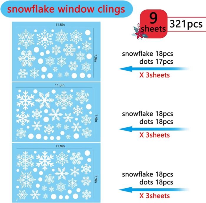 321PCS Snowflake Window Clings for Glass Windows, 9 Sheets Christmas Window Clings for Glass Windows, Winter Window Clings, Xmas Window Clings, Christmas Decorations for Office Clearance Indoor - Image 2