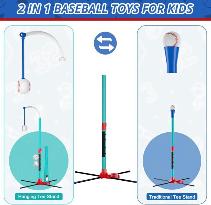 3-in-1 Baseball Set Kids Sports Toy: Hanging Batting Tee + Stand Set for Toddlers & Youth Adjustable Height with Auto Ball Launcher 6 balls 2 Bats Outdoor&Indoor Toys Birthday Gifts for 3-12 years old - Image 5