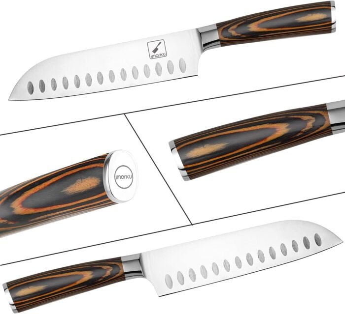imarku Santoku Knife, 7 inch Kitchen Knife Ultra Sharp Cooking Knife Japanese Chef Knife - German HC Stainless Steel 7Cr17Mov - Ergonomic Pakkawood Handle, Christmas Gifts for Women/Men, Orange - Image 4