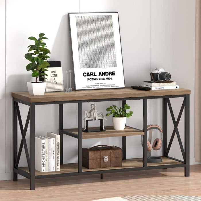 FOLUBAN TV Stand for TVs up to 55 Inch, Rustic Wood and Metal Entertainment Center with Storage, Modern Industrial Media TV Console Table for Living Room Bedroom, Oak 47 Inch - Image 2