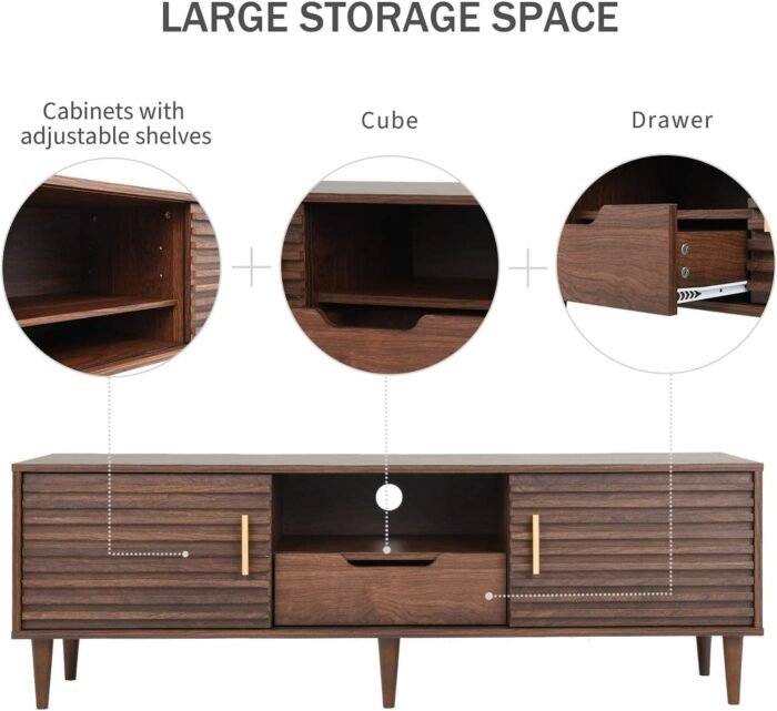 Mid-Century Modern TV Stand for TVs up to 65" Wood TV Console Media Cabinet with Drawer, Sliding Door Storage Cabinet, Open Shelf Home Entertainment Center for Living Room and Bedroom, Brown 59" - Image 4