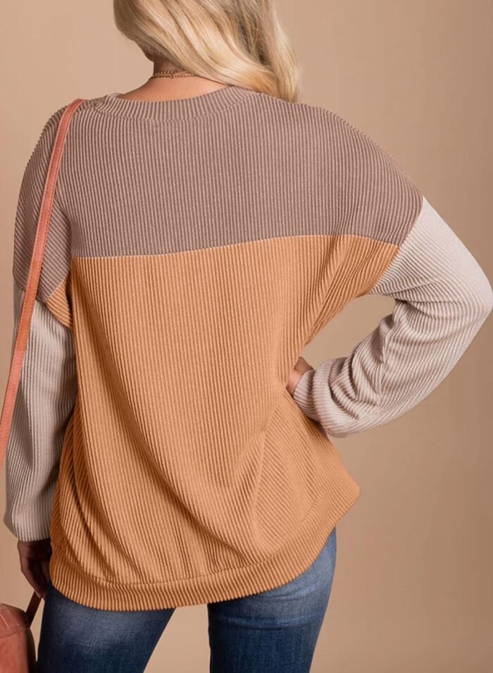 Dokotoo Womens Fashion 2024 Color Block Long Sleeve Crewneck Knitted Casual Loose Pullover Shirts Tops - Image 2