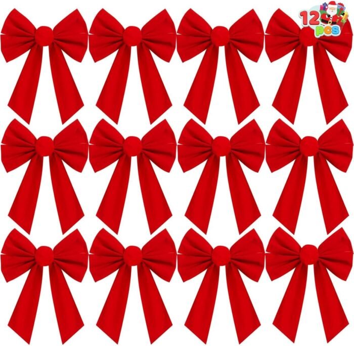 JOYIN 12 Pack Christmas Red Velvet Bows, 13" Long by 9" Wide Decorative Christmas Bows for Wreath Garland Christmas Tree Decor, Indoor Outdoor Holiday Decorations