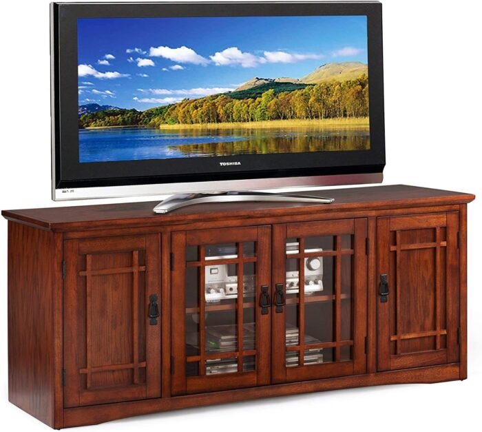 Leick Home 82360 Solid Wood Mission Oak Four Door TV Stand For 65" TVs Universal TV Console Living Room Storage Shelves Entertainment Center, Mission Oak