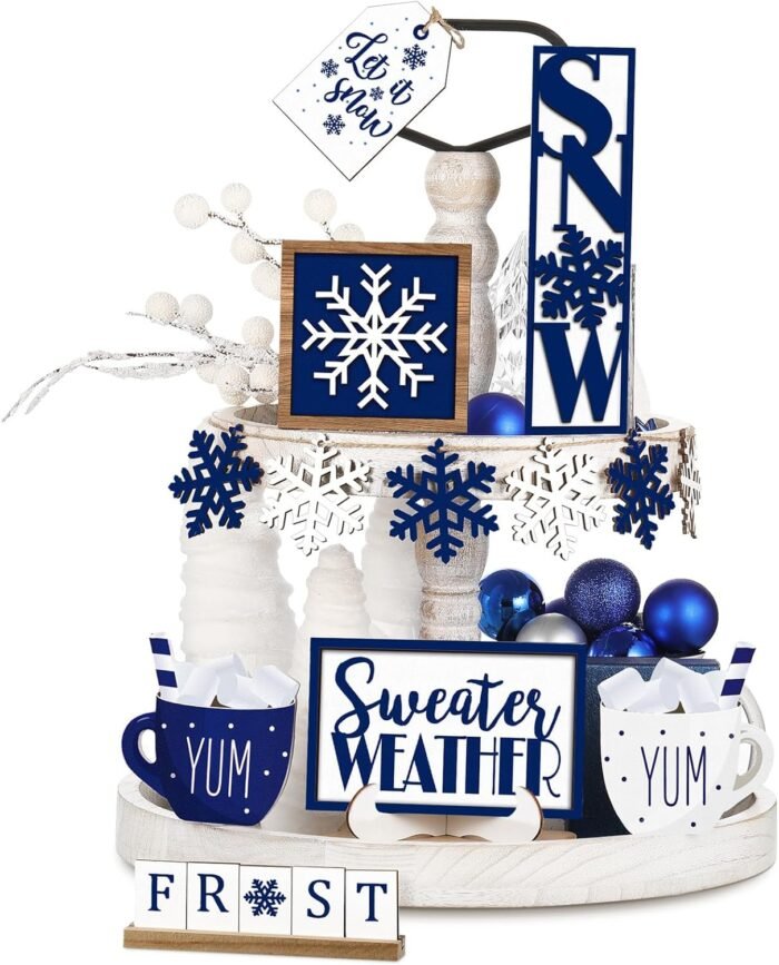 Jetec 12 Pieces Christmas Tiered Tray Decor Winter Snowflake Wooden Sign Table Decorations Farmhouse Coffee Bar Signs Snowflake Winter Tray Decor for Home Xmas Holiday Tabletop(Blue)