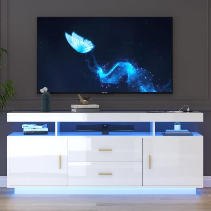 LVSOMT High Gloss Entertainment Center White with 3-Colors Lighting, LED Modern TV Stand for 65+ inch TV, Home Storage Cabinet, Console Media Cabinet for Living Room (Pearl White) - Image 2