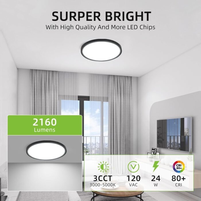 hykolity 2 Pack 12 Inch Selectable CCT LED Round Flat Panel Light, 24W, 3000K/4000K/5000K, Edge-Lit Flush Mount Ceiling Light Fixture for Kitchen, Bedroom and Closet Room, Black - Image 2