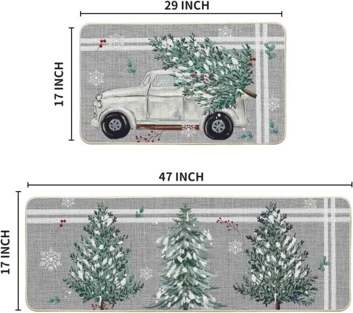 Artoid Mode Truck Pine Holly Stripes Christmas Decorative Kitchen Mats Set of 2, Home Decor Party Low-Profile Kitchen Rugs - 17x29 and 17x47 Inch - Image 3