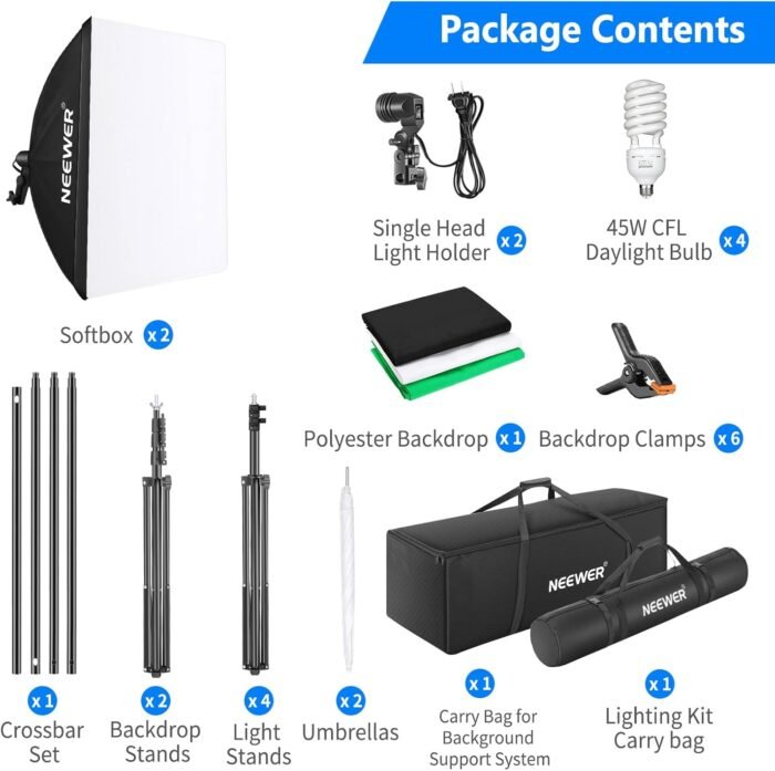 NEEWER Photography Lighting kit with Backdrops, 8.5x10ft Backdrop Stands, UL Certified 5700K 800W Equivalent 24W LED Umbrella Softbox Continuous Lighting, Photo Studio Equipment for Photo Video Shoot - Image 8