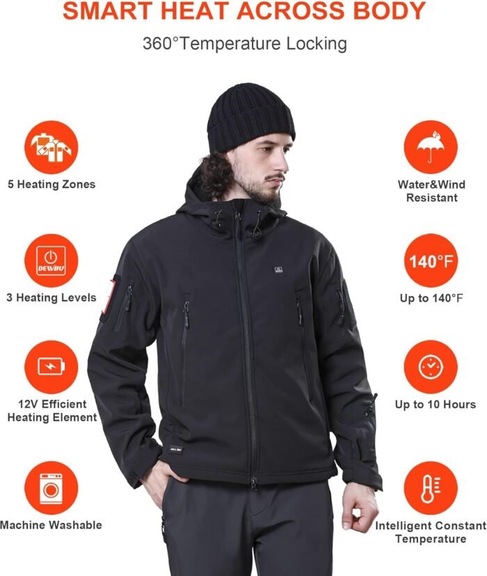 DEWBU Heated Jacket for Men with 12V Battery Pack Winter Outdoor Soft Shell Electric Heating Coat - Image 3