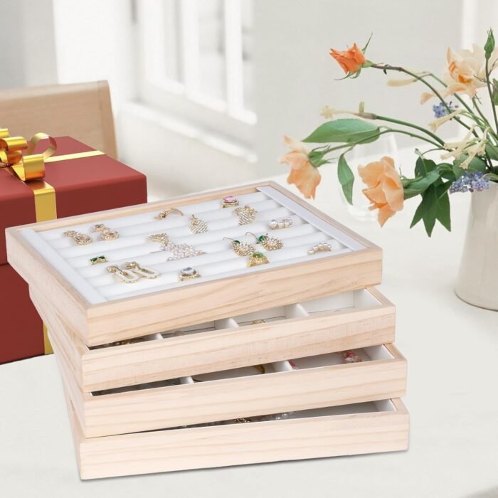 Wooden Stackable Jewelry Organizer Trays 4 Set, Wood Jewelry Storage Holder for Drawer Inserts, Jewellery Display Case Box for Earring Necklace Rings Bracelet w/Removable Dividers ((White) - Image 6