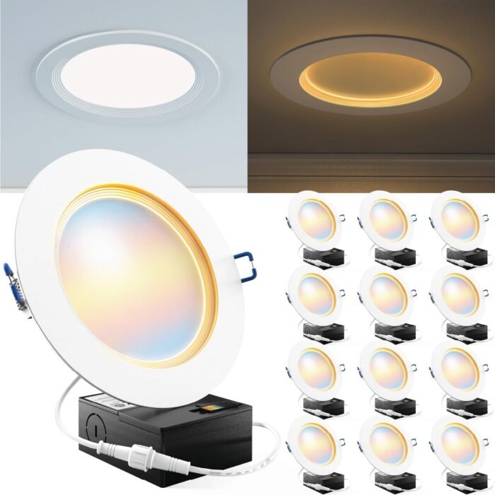 Sunco 12 Pack 6 Inch Ultra Thin LED Recessed Ceiling Lights Slim, Night Light, Baffle Trim, 2700K/3000K/4000K/5000K/6000K Selectable, Dimmable, 14W, Canless Wafer with Junction Box - ETL