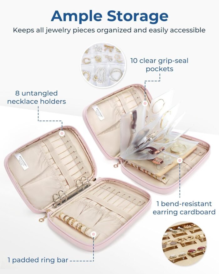 BAGSMART Jewelry Travel Case, Ring Binder Storage Book with Clear Pockets, Zippered Organizer for Necklace, Earrings, Rings, Bracelet, Beige - Image 2