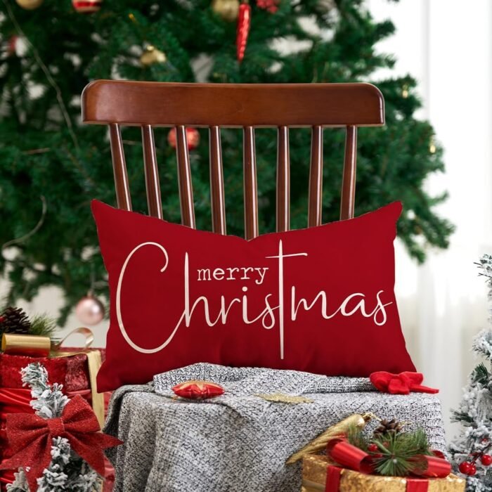 Christmas Pillow Covers Merry Christmas Throw Pillow Decorative Christmas Red Cotton Cloth Linen Cloth Pillow Cover Sofa Cover Decorative Rectangle Length 12X20 inches - Image 4