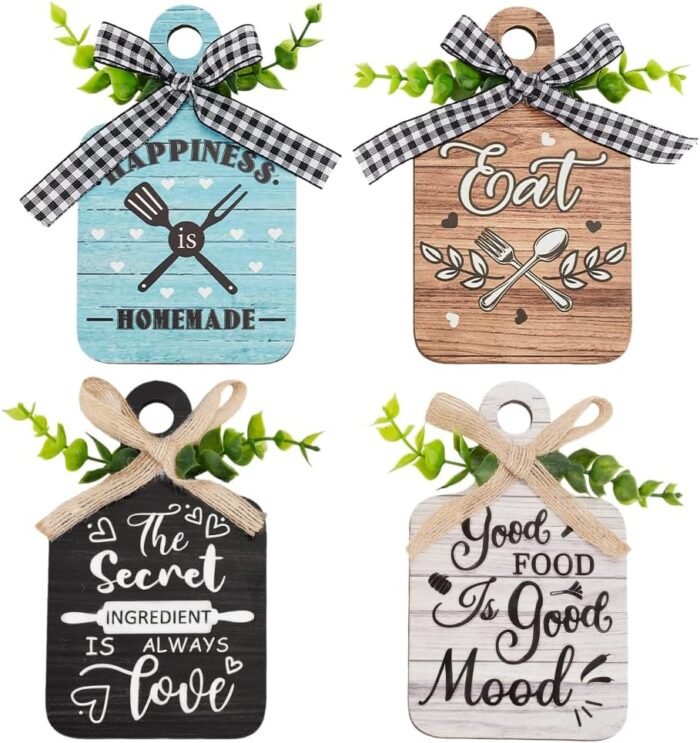 PH PandaHall 4pcs Kitchen Wall Decor Wood Sign, Eat Wooden Cutting Board Sign Farmhouse Tiered Tray with Hemp Rope Wall Art Wood Rustic Hanging Wall Decor for Home Kitchen Dining Living Room Bar Cafe