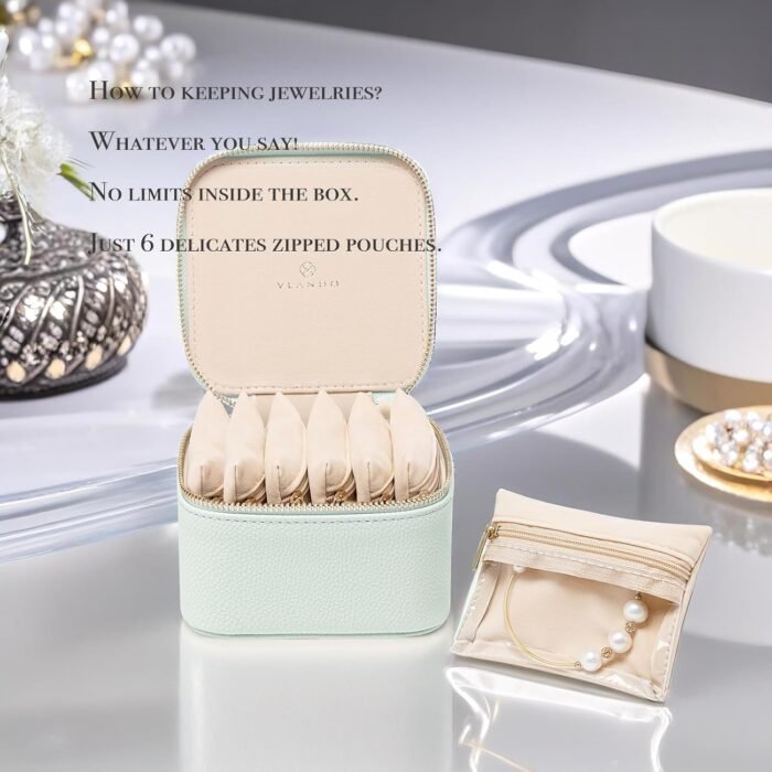 Vlando Travel Jewelry Box Organizer - 6 Small Velvet Zipped Pouches Pockets for Jewelries Necklaces Rings Earrings Sorting Storage, Menthol Mambo - Image 4